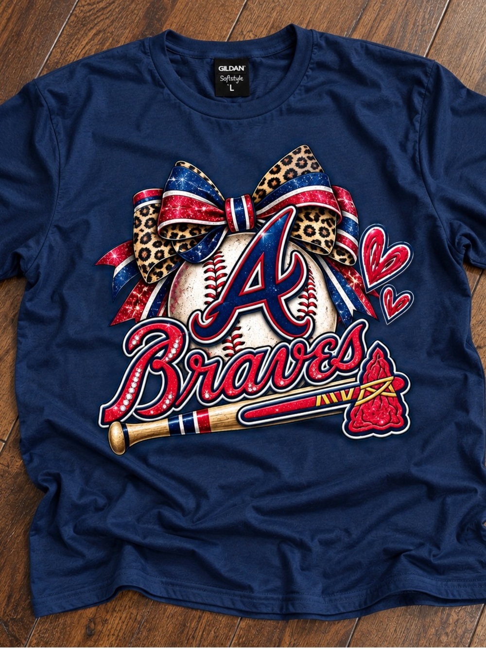 Gildan Navy Atlanta Braves Baseball Graphic Tee Sz large NWOT